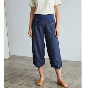 Made in Italy 100% Linen Navy Blue Cropped Wide Leg Pants Ruched Hem Size Large